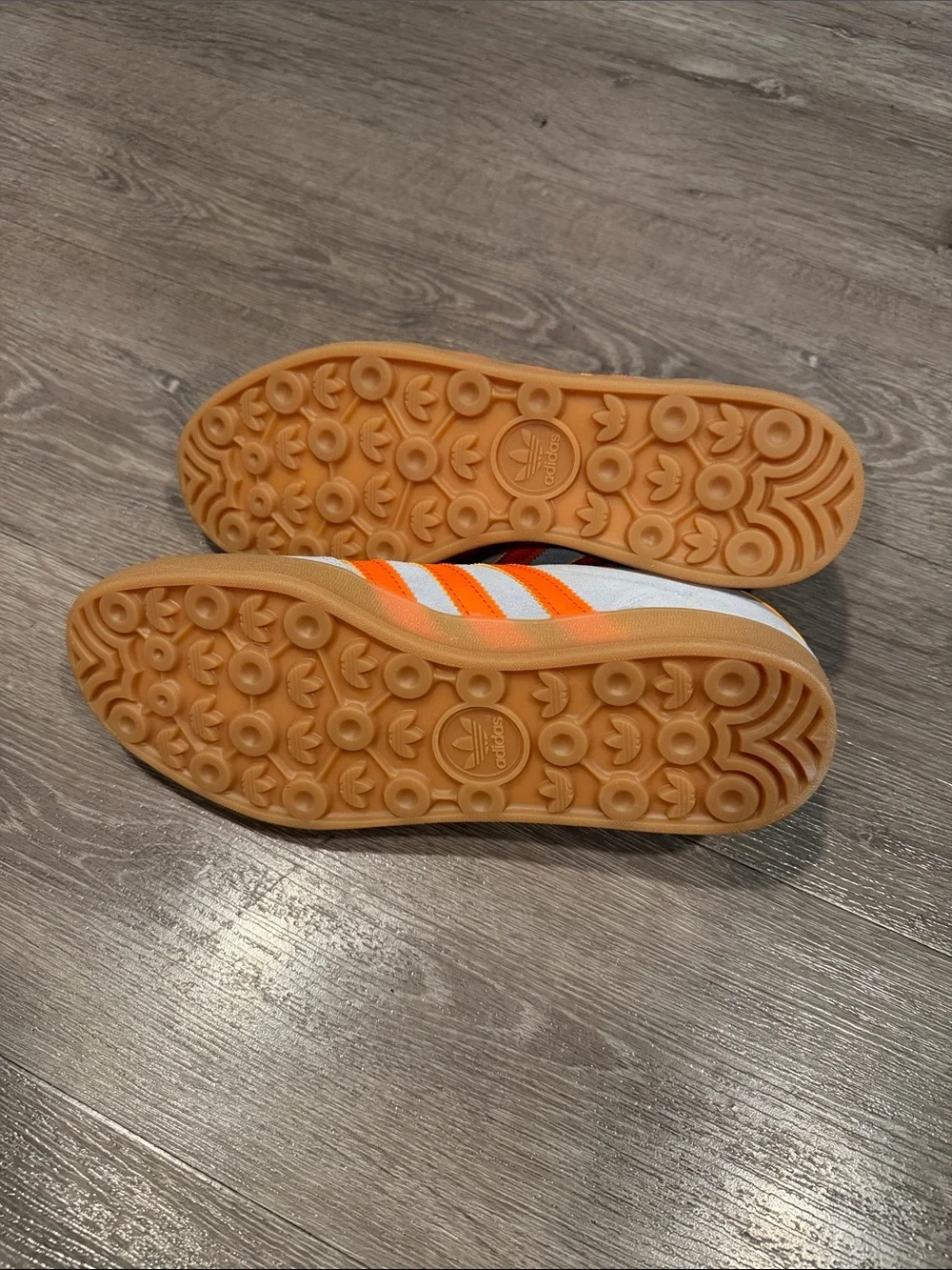 adidas gazelle indoor — baby blue with Bright Orange Stripes